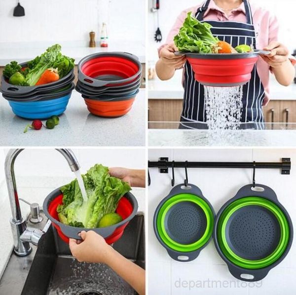 

silicone baskets creative kitchen round folding telescopic fruit trash debris storage drain washing basket 2 pcs/set owb3013