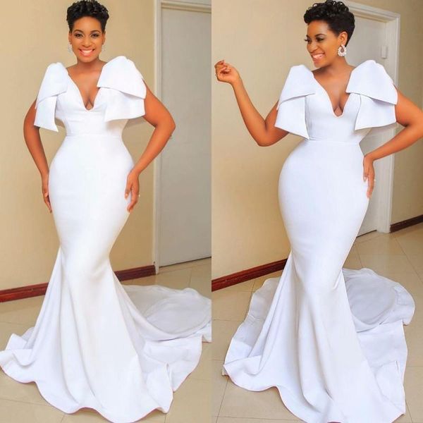 

white satin deep v-neck mermaid prom dresses plus size arabic aso ebi evening dresses satin simple formal party dress p78, Black