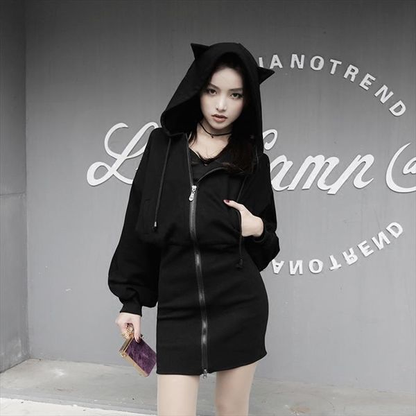 

fashion cute ear cat patchwork hoodies sweatshirt women harajuku zipper black punk gothic long sweatshirt female autumn jacket