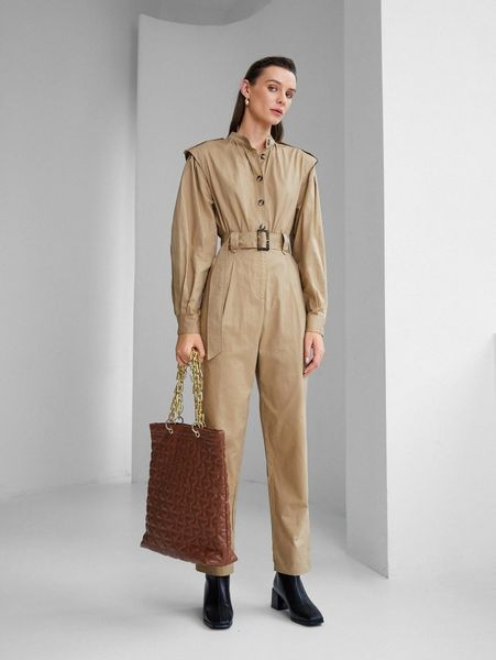 

shoulder pads bishop sleeve belted shirt jumpsuit v1vk#, White