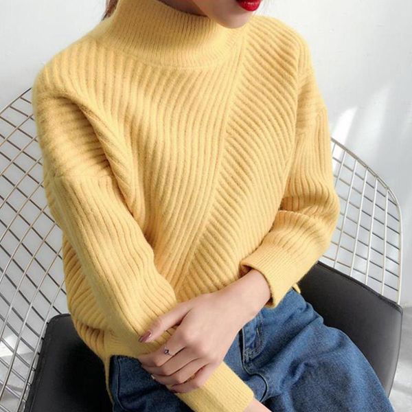 

women's sweaters autumn winter women solid color mock neck stripe rib warm knitted sweater jumpers 2021, White;black