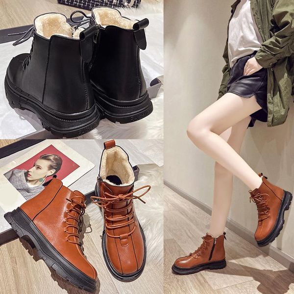 

boots rock shoes woman boots-women luxury designer flat heel zipper winter footwear round toe 2021 fashion med rubber ankle, Black