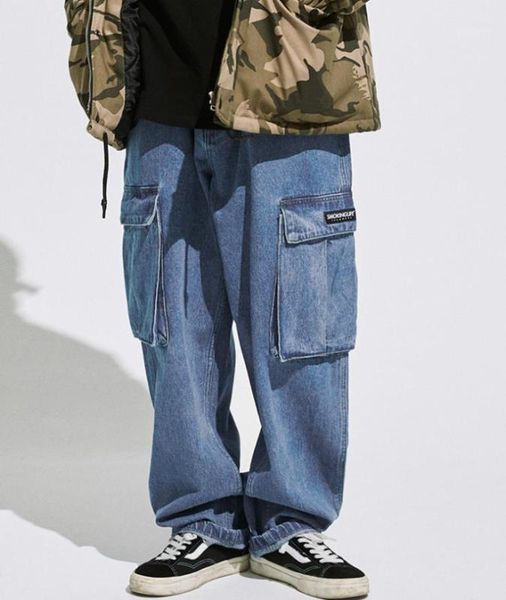 

baggy jeans men's hip hop loose straight denim trousers multi-pocket street wide feet pants mens wear men male bottoms plus size1, Blue