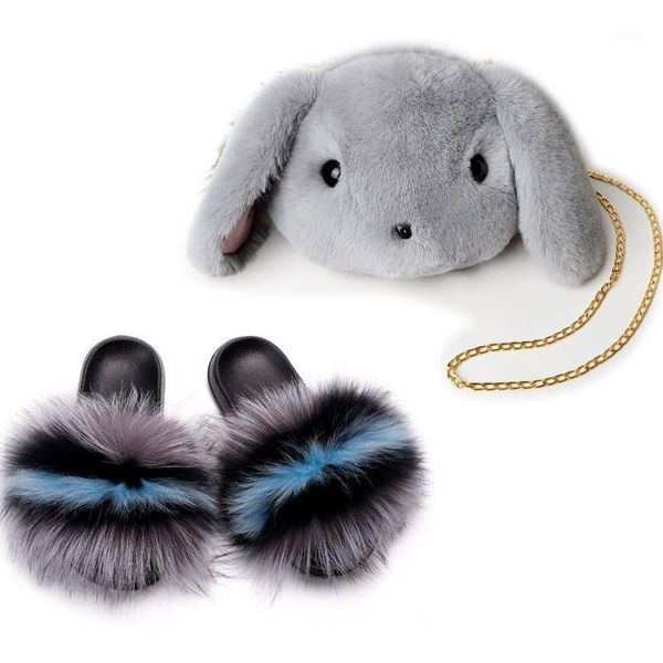 

slippers women's real fur slides cute cartoon plush animal diagonal bags shoes sets woman fluffy furry ladies beach sandals1, Black