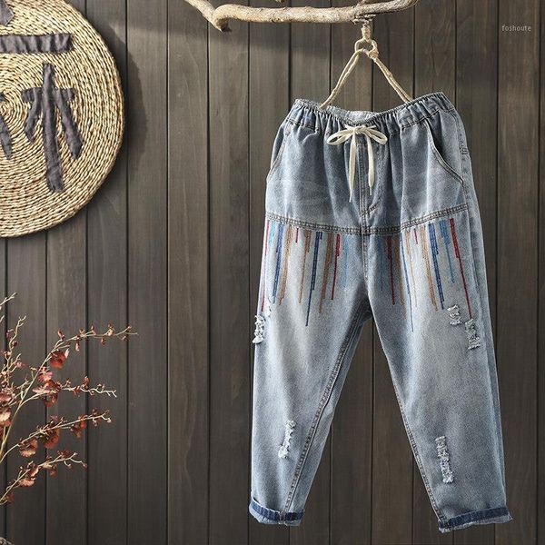 

new summer women elastic waist vintage jeans embroidery cotton denim harem pants all-matched casual loose ripped jeans s5001, Blue