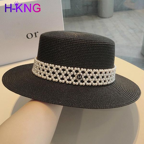 

wide brim hats fashion women pearl flat straw hat wide-brim boater temperament sun lady summer anti-uvprotect travel beach, Blue;gray