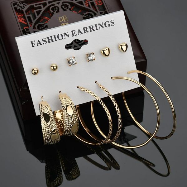 

6 pair/set vintage crystal big circle stainless steel hoop earrings for women steampunk ear women earring set party jewelry, Golden;silver