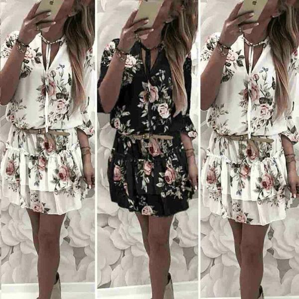 

fashion women summer boho long sleeve mini dress ladies cocktail print lace elegant beach sundress drop shipping, Black;gray