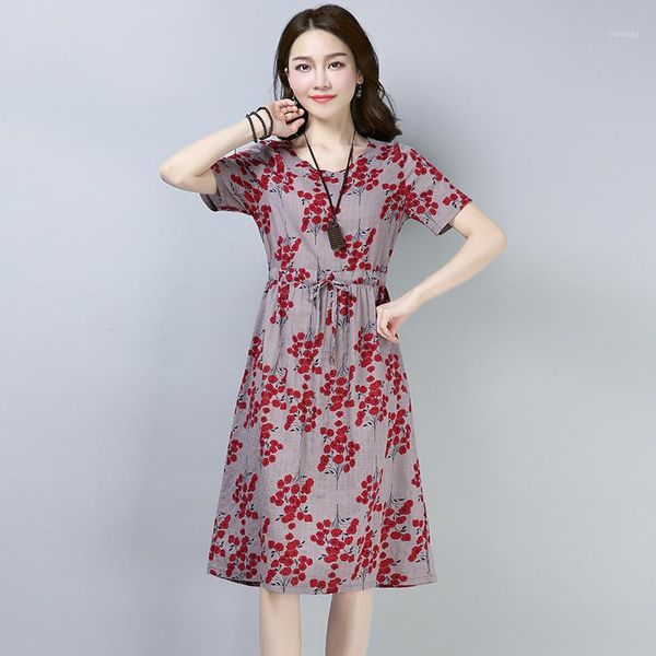 

2019 new large size cotton linen women summer dress short sleeve o-neck boho dress for women lace up floral print vestidos mujer1, Black;gray