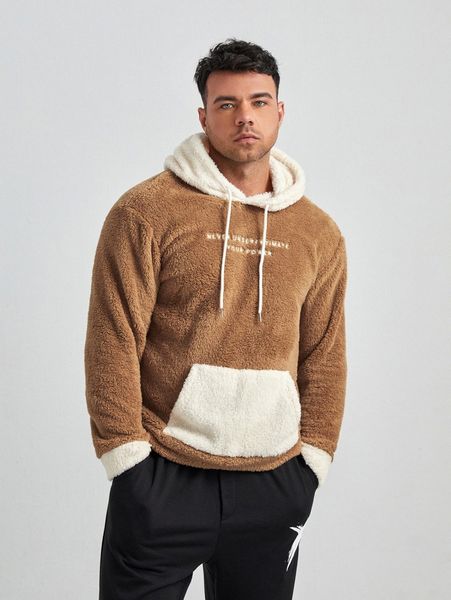 

extended sizes men slogan graphic kangaroo pocket shearling sweatshirt v7zq#, Black