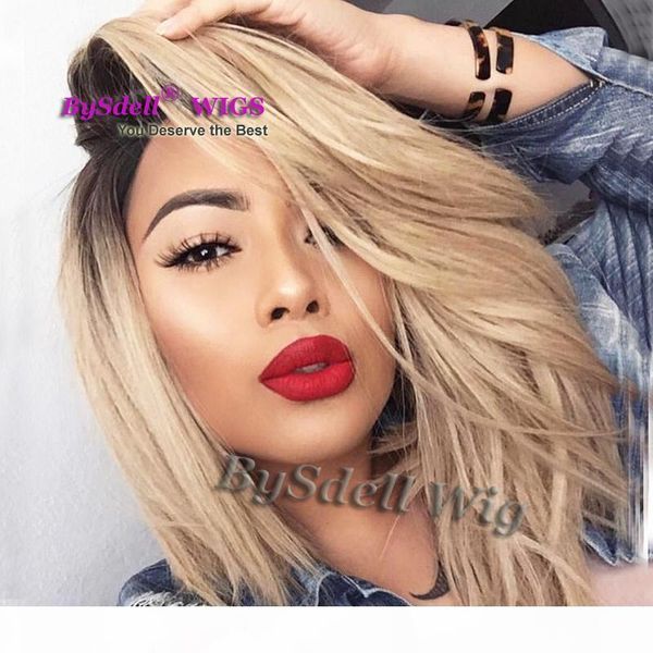 

short black root ombre premium natural blond color hair front lace wig soft heat resistant hair lace front wigs for black white women
