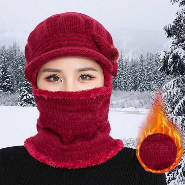 

winter one piece warm knitted hat neck mask hat women outdoor cycling coldproof plus plush wool hair ball bucket, Blue;gray