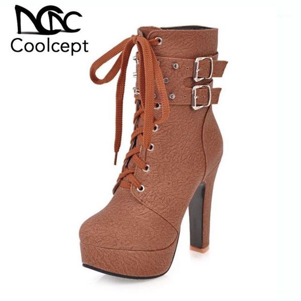 

coolcept new rivets buckle ankle boots for woman zipper cross strap high heels shoes autumn winter women footwear size 32-471, Black