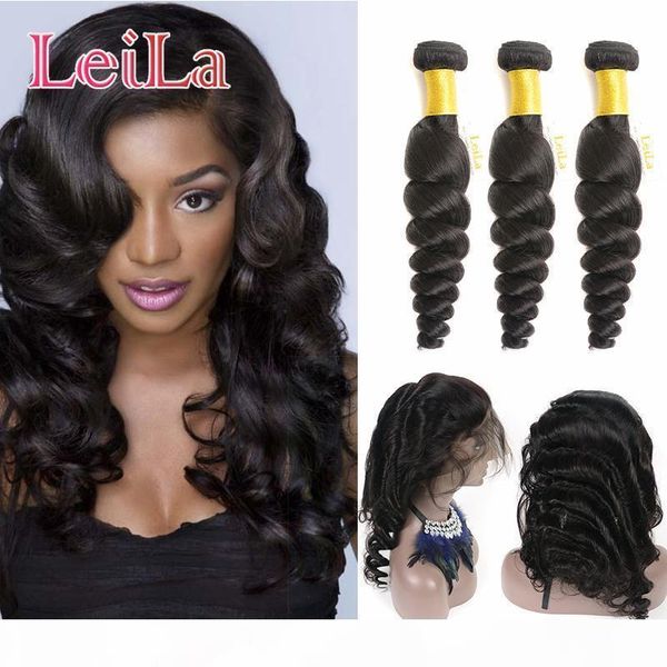 

indian loose wave 3 bundles with 360 lace frontal lace band loose wave human hair wefts with closure frontal 4 pieces lot, Black;brown