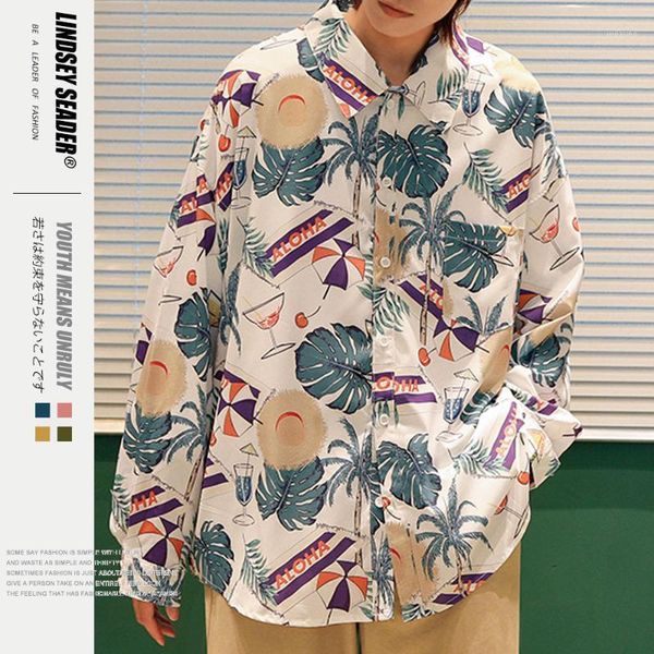 

lindsey seader hawaii beach hat palm tree style full printed vintage hip hop shirt men 2020 summer single breasted men's shirts1, White;black