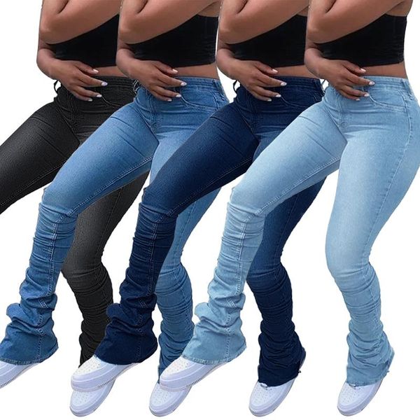 

classical solid women stacked jeans fashion streetwear female's high waist button skinny denim pants 2021 spring selling, Blue