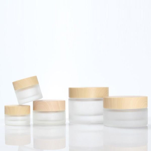 

12pcs x 5g 10g 20g 30g 50g frost glass cosmetic cream jar with wood grain lid makeup skin care lotion container pot bottles