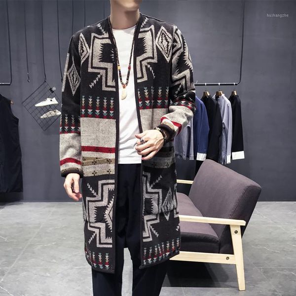 

2020 autumn winter printing long trench coat men slim fit casual printed jackets collarless cardigan trench coat men clothing1, Black