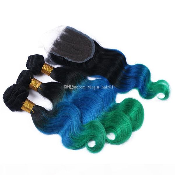 

ombre color unprocessed european hair color products 1b blue green three tone russian virgin human hair bundles with lace closure 4*4, Black;brown