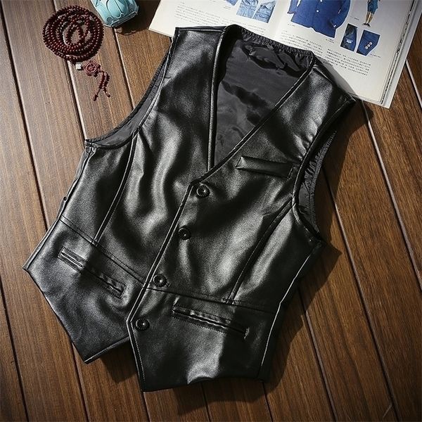 

men's faux leather vest fashion single-breasted slim v-neck men's leather moto & biker pu vests man sleevele 201120, Black;white