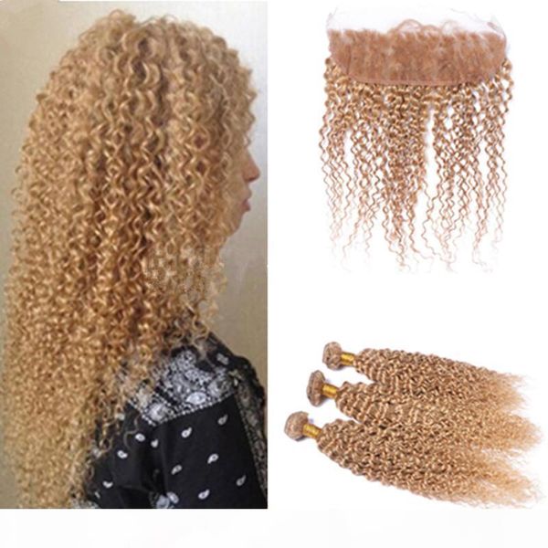 

brazilian virgin hair weave #27 honey blonde afro kinky curly lace frontal with bundles #27 hair bundles with ear to ear lace closure, Black;brown