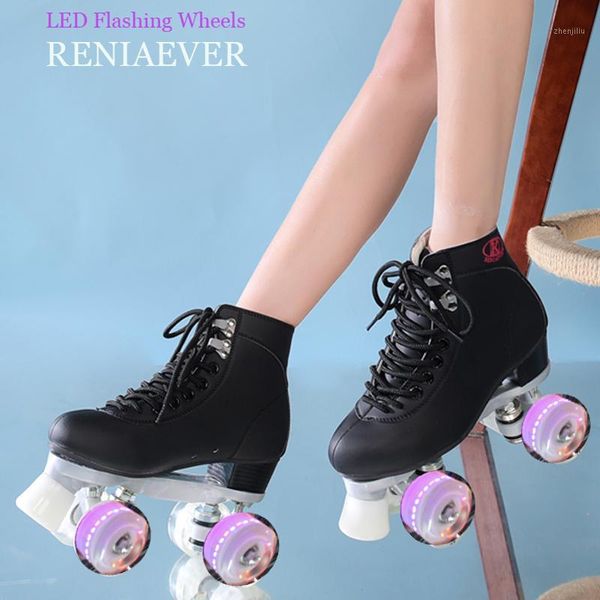 Patins em linha patins dupla linha feminina adulta com rodas de iluminação LED PU 4 dois sapatos pretos de patinação1