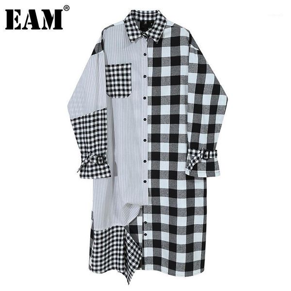

eam] women black plaid split big size shirt dress new lapel long sleeve loose fit fashion tide spring autumn 2020 1z8601, Black;gray