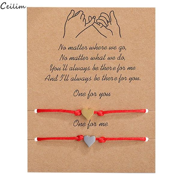 

2pcs/set lucky red rope couple bracelet adjustable stainless steel heart charms bracelets wish jewelry for friend gifts, Golden;silver