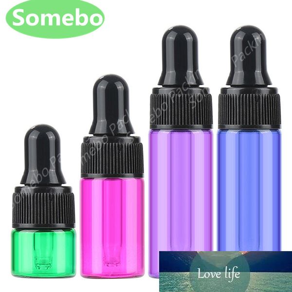 500 Stück/Lot 1 ml, 2 ml, 3 ml Tropfflasche, grüne, rote, violette, blaue Glasprobenflasche für kosmetische Flaschen mit ätherischen Ölen