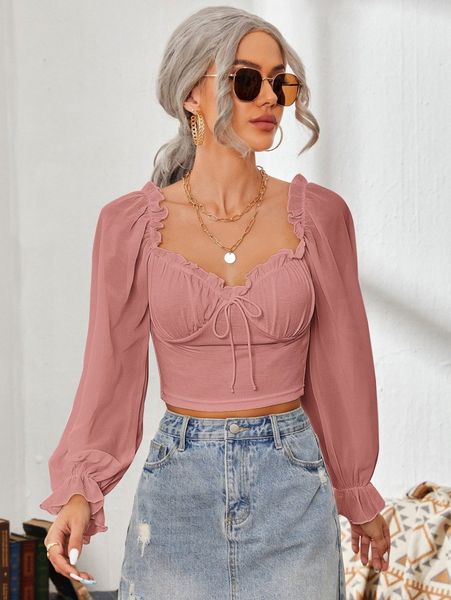 

frill trim knot front flounce sleeve crop i2m4#, White
