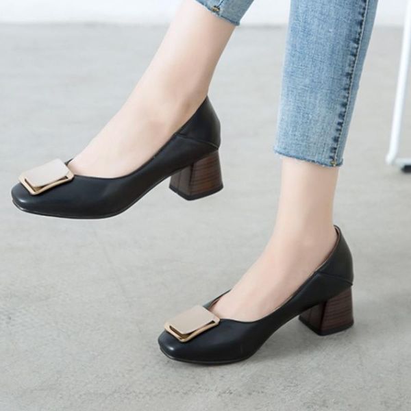 

fanyuan square toe women pumps thick heel metal shallow soft shoes women solid color party casual female footwear size 30-431, Black