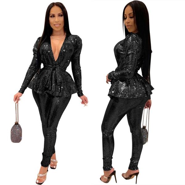 

55ls6332 autumn winter women casual patchwork sequins solid v-neck with belt two piece set tracksuit sweatsuit outfits hot, Gray