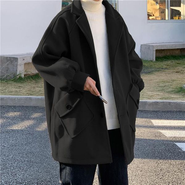 

autumn and winter woolen coat men's mid-length lapel casual warm loose men woolen jackets solid simple slim male clothes, Black