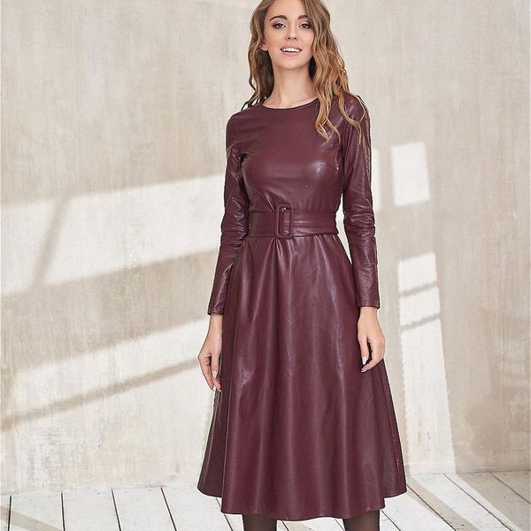 

dabourfeel fashion belt faux leather dresses women long sleeve slim fit pu dress club wear new arrival 2021 autumn winter, Black;gray