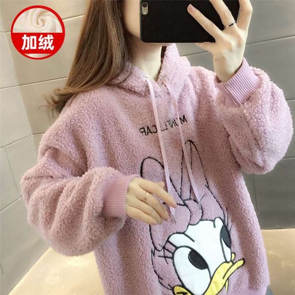 

2020 new autumn / winter plush loose ladies cashmere sweater hooded foreign style coat, Black