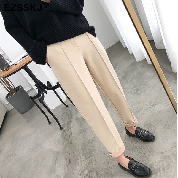 

chic beige harem woolen pants women's autumn winter thick woolen long pants women's loose straight high waist korean trouses 20111, Black;white