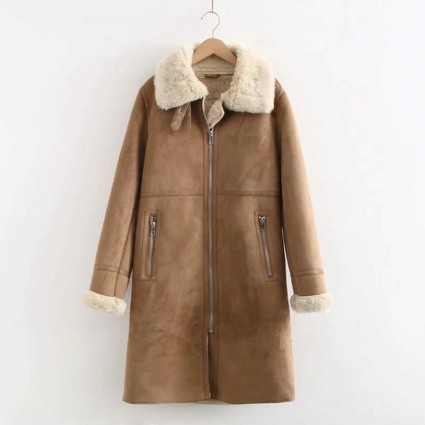 

women's wool & blends zoulv 2021 classic ladies camel lamb fur lapel zip pocket plus suede coat locomotive long keeps warm and windproo, Black