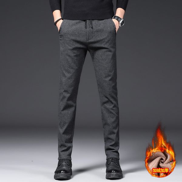 

korean fashion men's casual black plush slim suit pants autumn winter trousers
