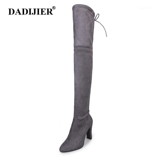 

boots women thigh high winter snow leather over the knee stretch elastic thick heel plus size st3071, Black