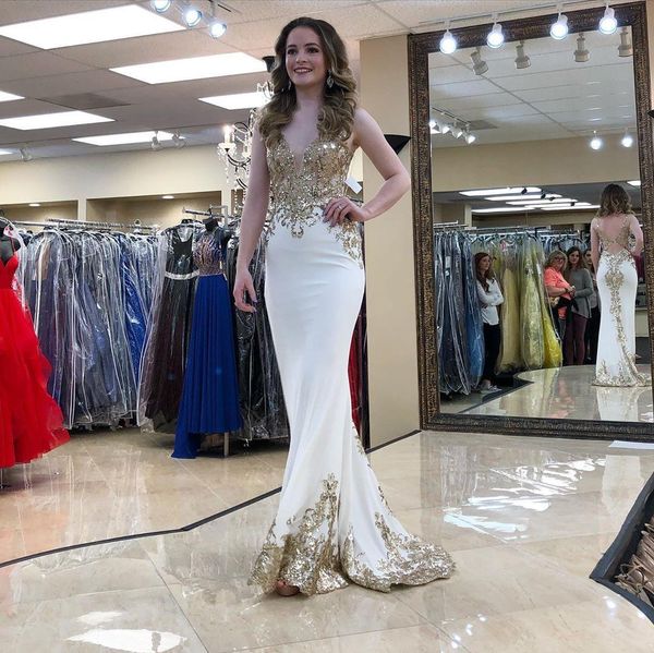 

stunning gold lace appliqued backless prom dresses sheer deep v neck sleeveless sequined evening gowns floor length formal dress, Black
