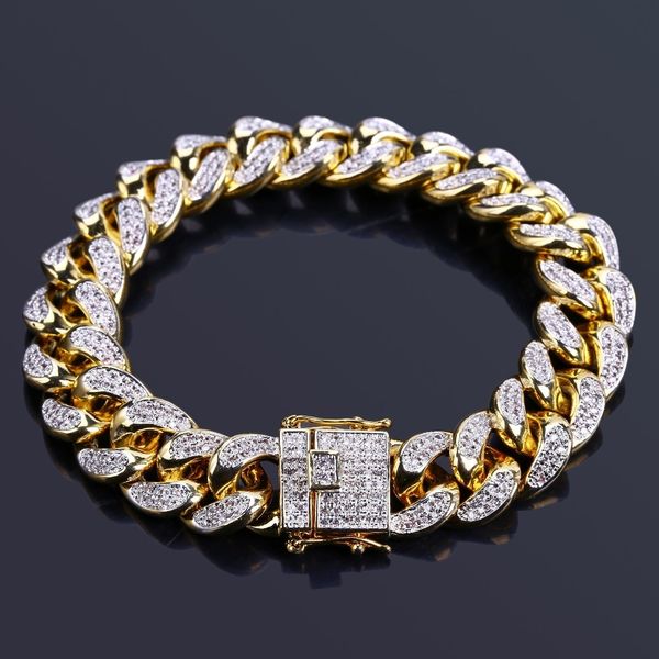 

rillz hip hop male jewelry bracelet copper iced out gold color plated cz stone 14mm chain bracelets with 7" 8" two sizes t200323, Golden;silver