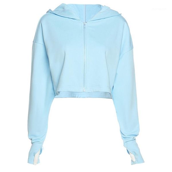 

women autumn long sleeve hoodies jacket full zip up solid color oversized loose sweatshirt coat basic sports crop, Black