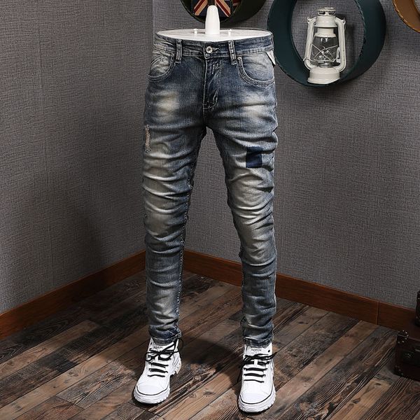 

2021 new autumn newly fashion men jeans retro blue wash slim fit vintage designer denim pants homme italian style elastic ripped trousers pg