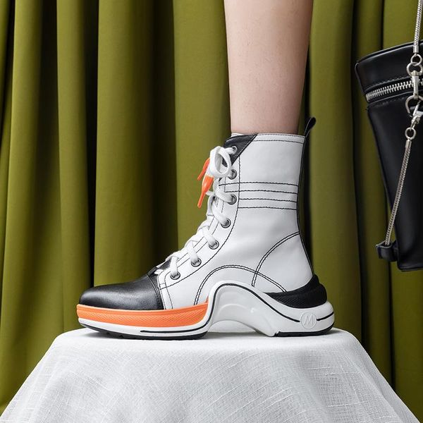 

flat platform shoes women's ankle boots mixed cow leather wedges shoes ankle boots women's motorcycle, Black