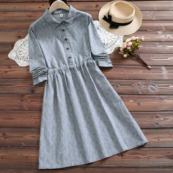 

new mori girl autumn spring women dress turn-down collar blue floral printed loose dress lace up cotton elegant feminine dress, Black;gray