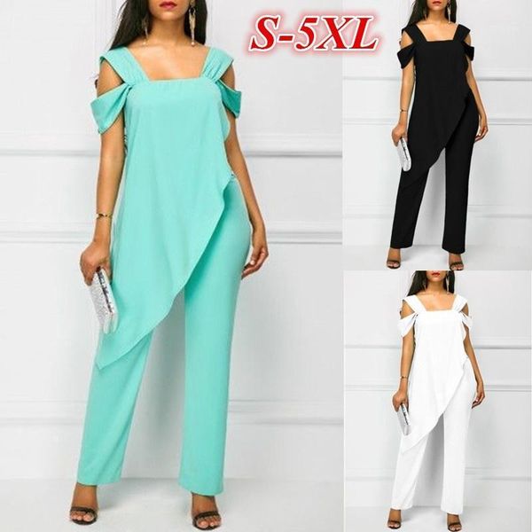 

women's plus size fashion high waist slim sleeveless jumpsuits summer ladies casual chiffon irregular solid color pencil rompers1, Black;white