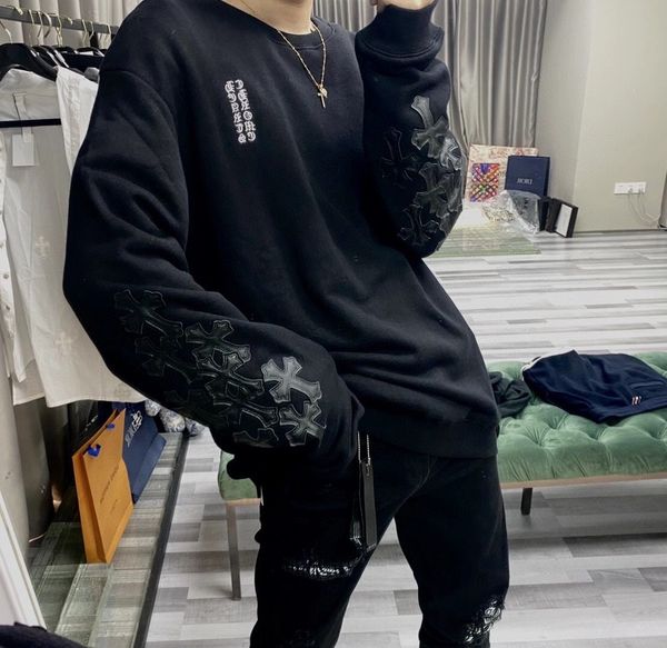 

chorme hearts 20fw arm hand embroidered leather cross long sleeve round neck sweater, White