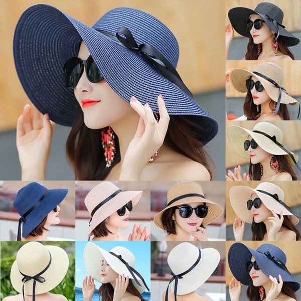 

women big wide brim straw hat floppy beach sun foldable cap summer panama straw c0123, Blue;gray