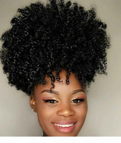

women human hair extension ponytail hairpieces silver afro puff kinky curly drawstring human hair ponytails clip in real hair 140g, Black