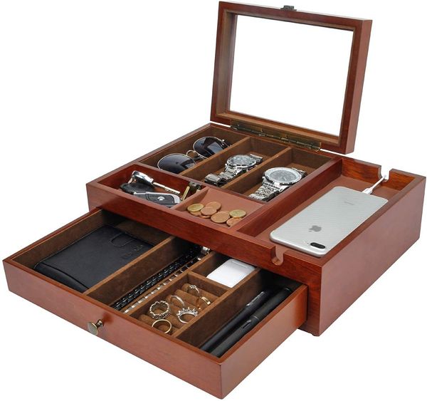 

dresser valet organizer wood mens storage box with large smartphone charging station for watches, sunglasses, jewelry
